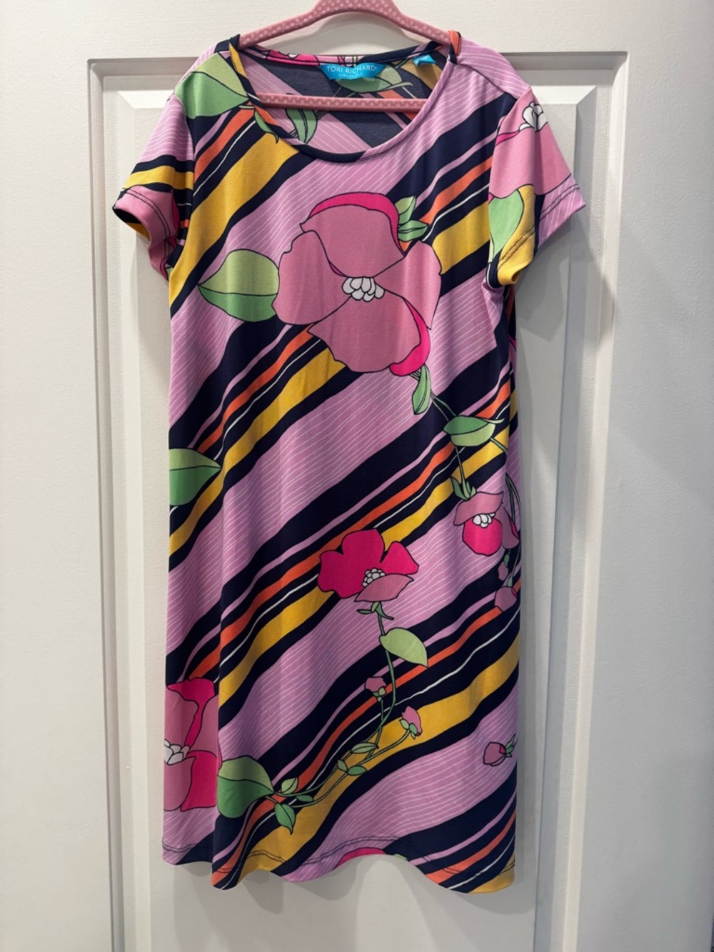 Tori Richard Vibrant Floral Stripe Shift Dress - Pink, Navy, Yellow